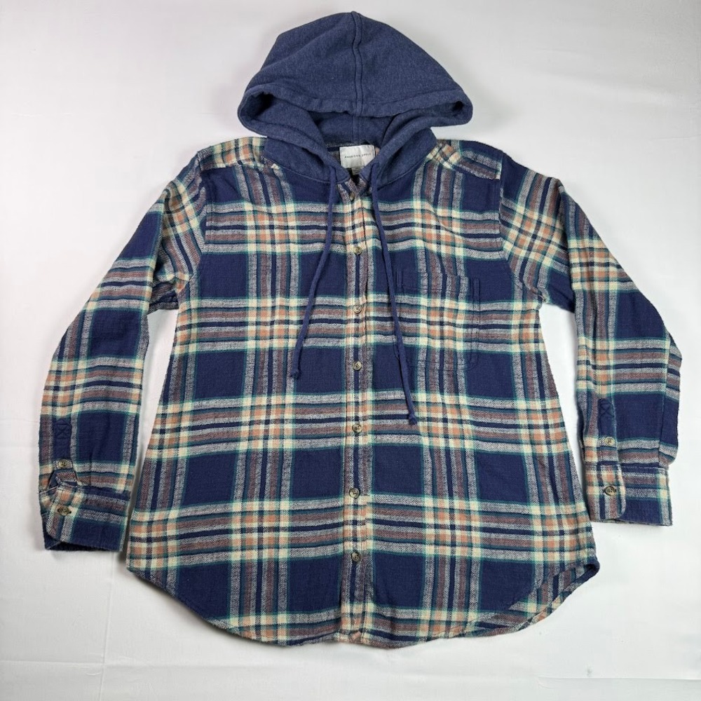 American Eagle Hooded Flannel Shirt Womens Small Blue Plaid Oversized Baggy Top